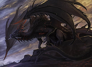black dragon illustration, dragon, wings, rock, claws HD wallpaper