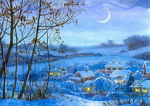 houses on a snowy setting digital art HD wallpaper