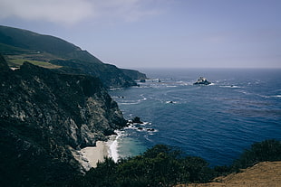 wide-angle and landscape photograph of cliff and body of water