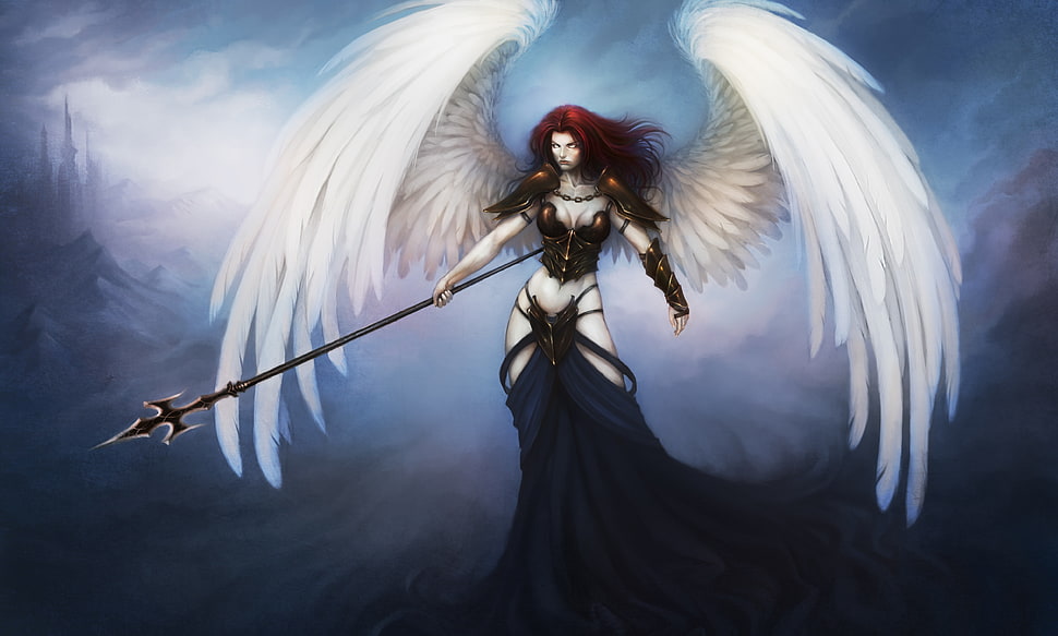 Angel with spear wallpaper, fantasy art, wings HD wallpaper