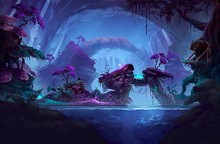 digital painting of pond, artwork, forest, fantasy art HD wallpaper