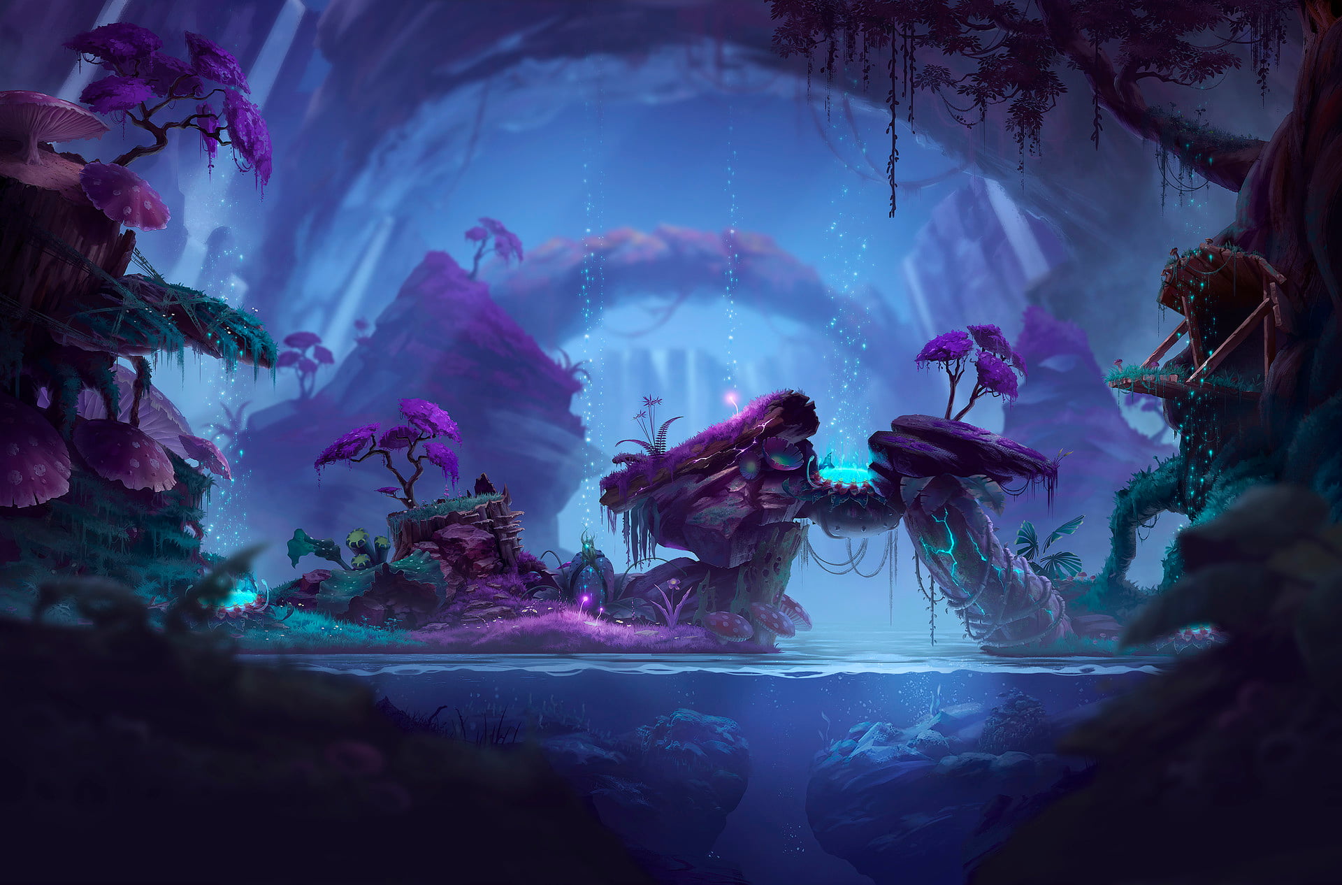 digital painting of pond, artwork, forest, fantasy art