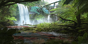 waterfalls and green trees, artwork, fantasy art, concept art, nature