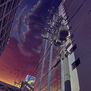 aerial photography of electric post, anime