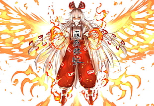 male anime character digital wallpaper, bow, fire, Fujiwara no Mokou, gray hair HD wallpaper