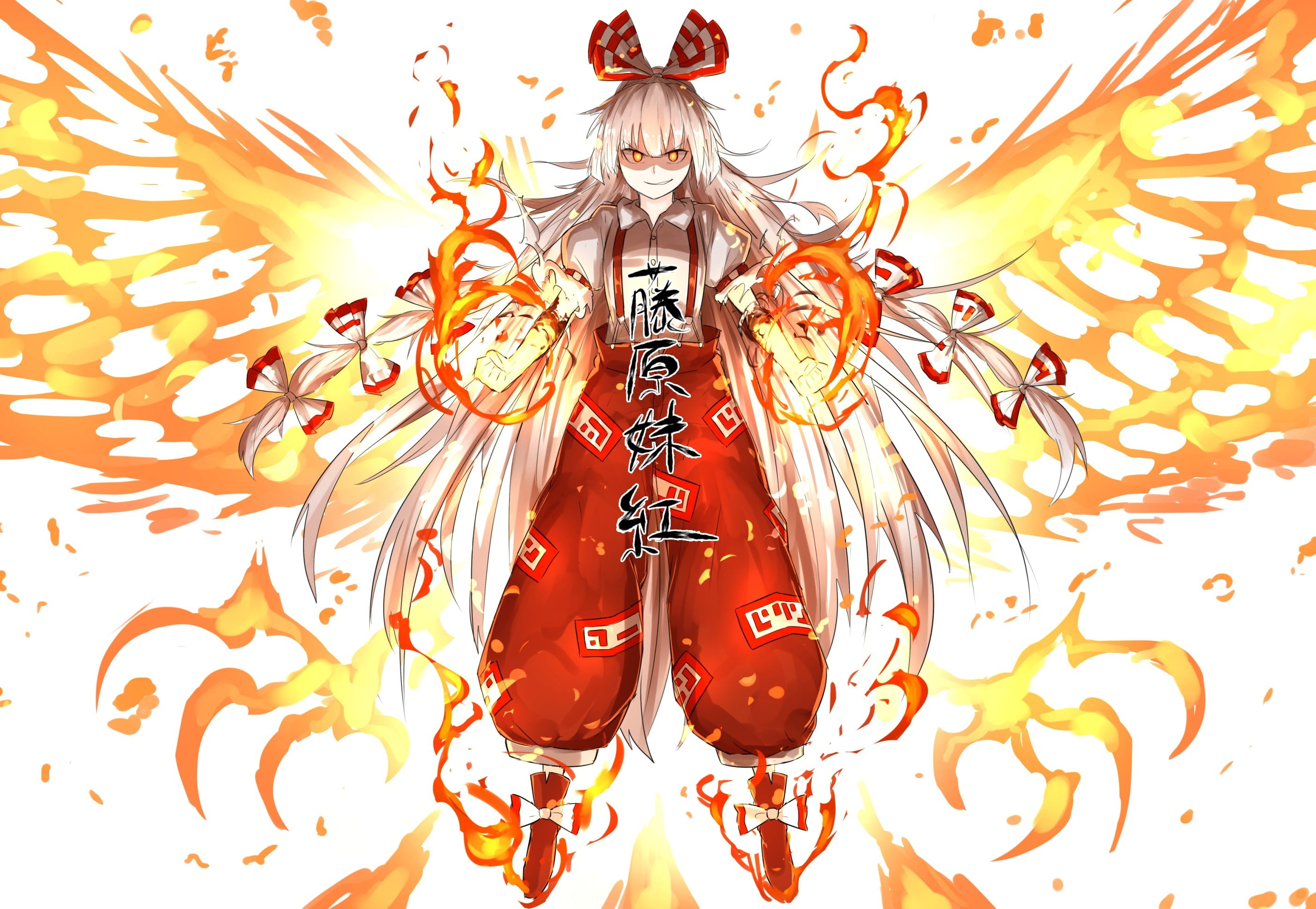 male anime character digital wallpaper, bow, fire, Fujiwara no Mokou, gray hair