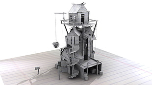 gray wooden house miniature, paper, house, digital art, white background