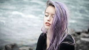 purple hair woman siting beside river HD wallpaper