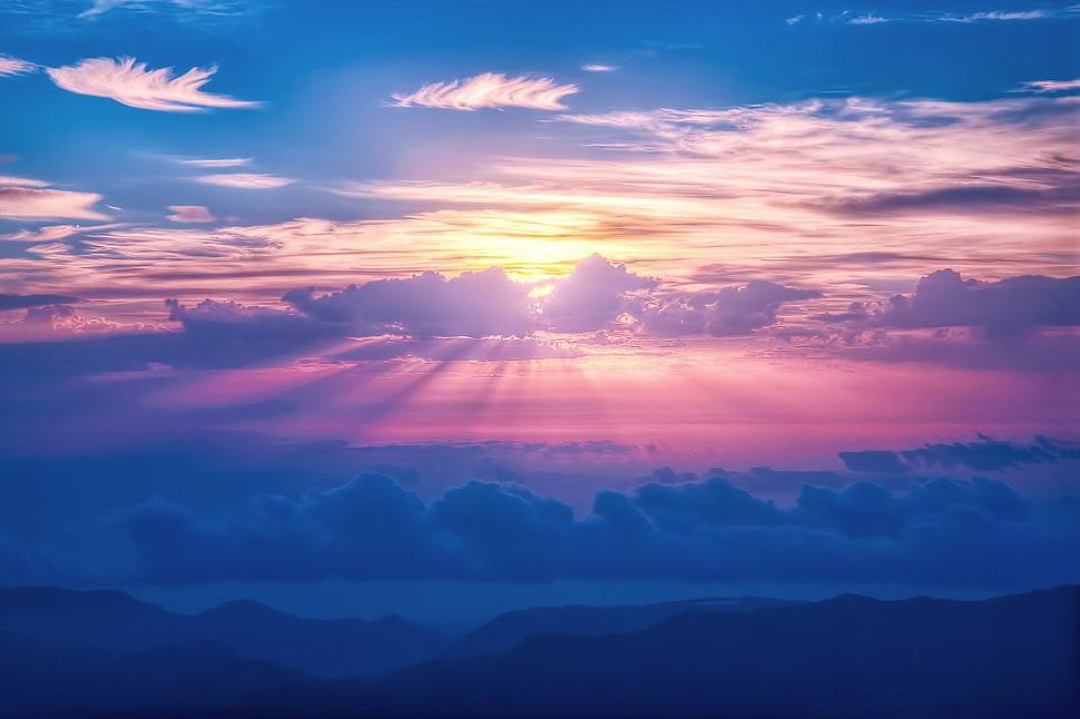 white and blue abstract painting, clouds, nature, sunlight HD wallpaper