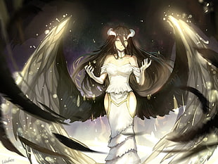 black haired female character with black wings illustration HD wallpaper