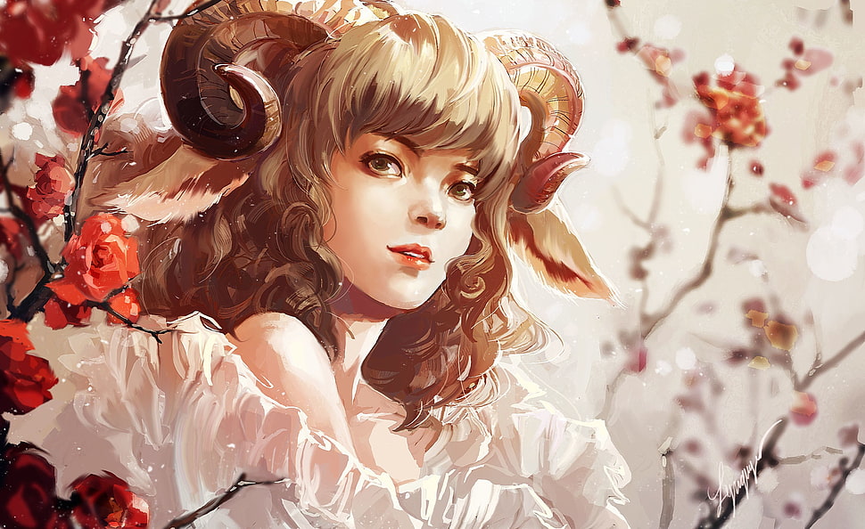 beige long haired female with horn illustration, chibi-oneechan, goats, fantasy art, artwork HD wallpaper