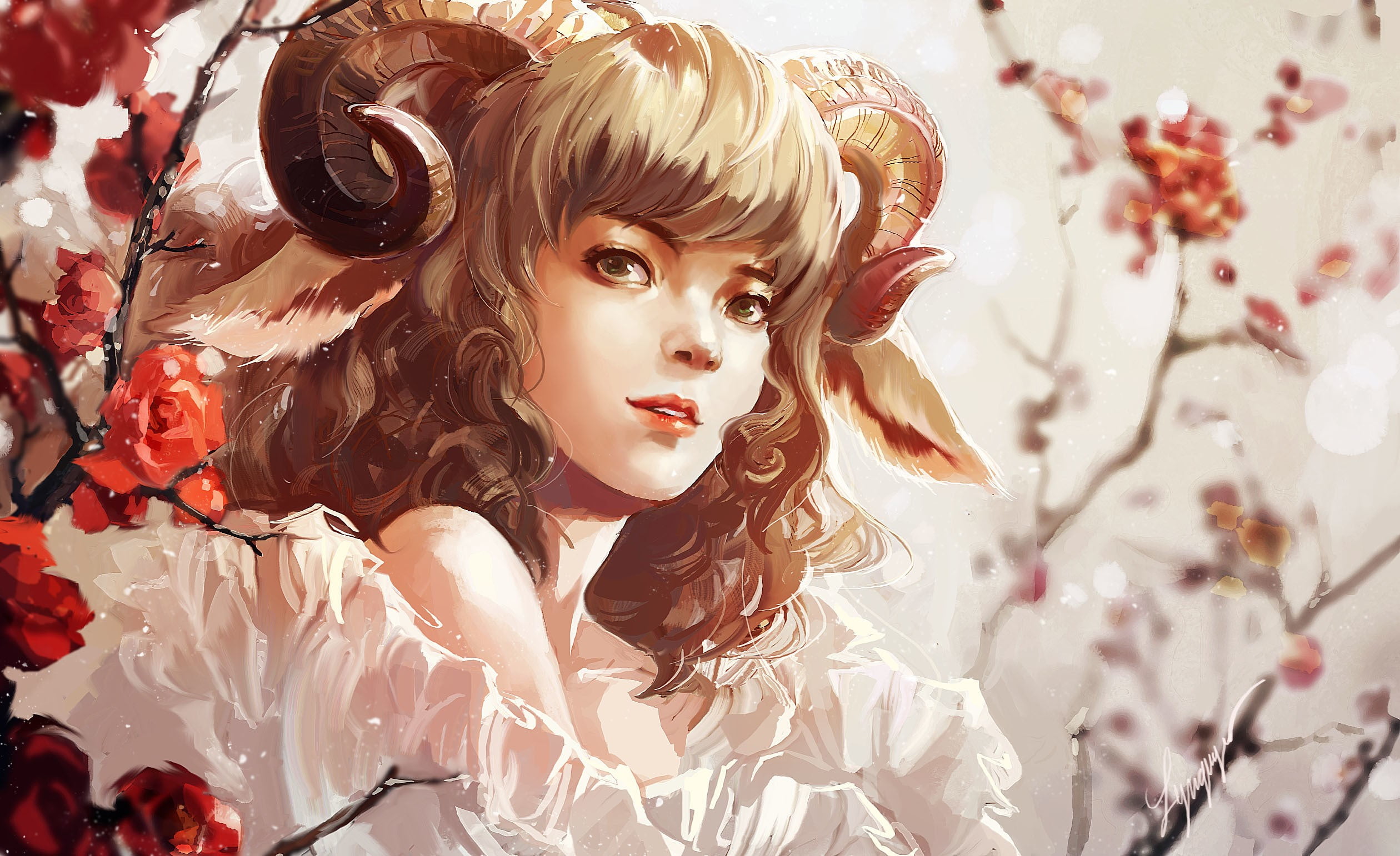 beige long haired female with horn illustration, chibi-oneechan, goats, fantasy art, artwork