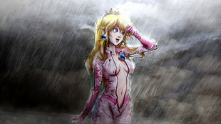 yellow haired female anime character illustration, video games, Princess Peach, Super Mario, rain