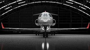 gray plane, airplane, jet fighter, hangar