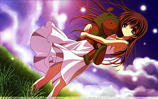 female anime character in pink sleeveless dress holding teddy bear illustration HD wallpaper