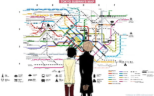 black haired cartoon character, anime, subway, map, diagrams HD wallpaper