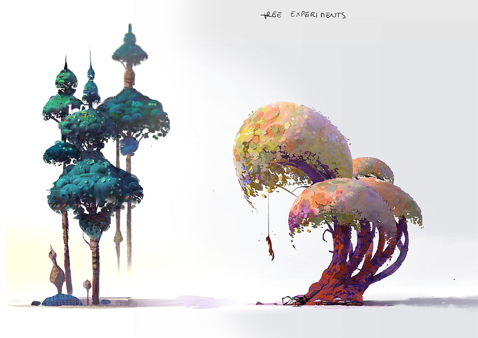 two blue and white leaf trees illustration, artwork, digital art HD wallpaper