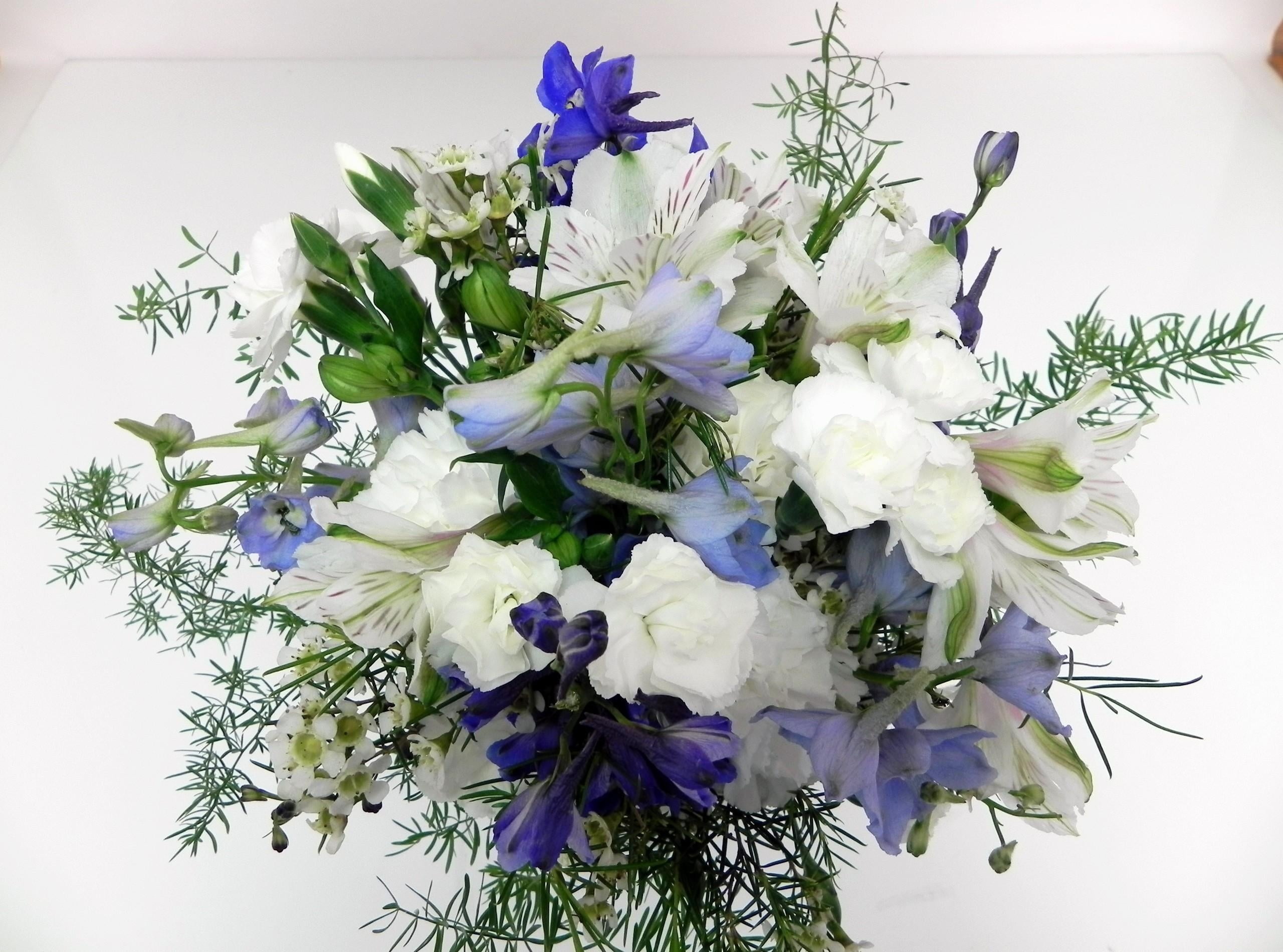 photography of bouquet of white and blue petaled flowers