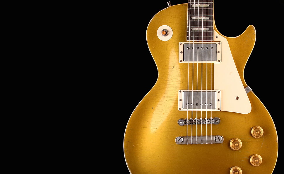 brown cutaway electric guitar, Les paul, Roland, Gibson Les Paul Gold Top 1964, musical instrument HD wallpaper