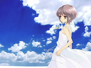 grey haired female anime character in white dress under cloudy sky