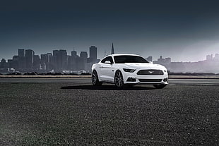 white Ford Mustang coupe on black pavement HD wallpaper