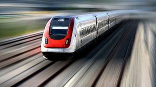 silver and red train, blurred, train, vehicle