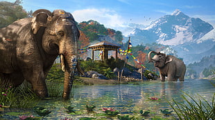 two elephants at the lake painting, Far Cry 4, artwork, video games, Far Cry