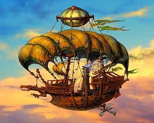brown flying ship digital wallpaper, fantasy art, airships