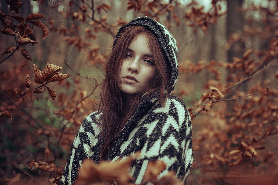 selective focus photography of woman wearing black and white chevron knitted hoodie at woods HD wallpaper