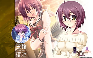short purple-haired female Anime character digital wallpaper