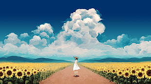 woman in white dress in sunflower field painting, anime girls, dress, sunflowers, clouds
