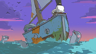 boat sailing surrounded by dolphins illustration, BattleBlock Theater, video games, ship, ocean battle