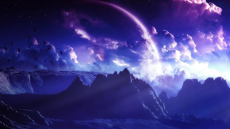 blue and white abstract painting, mountains, sky, clouds HD wallpaper