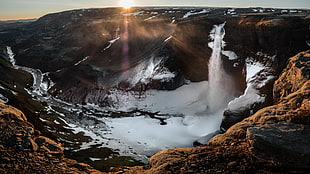 Sunset, Haifoss, waterfall, Iceland HD wallpaper