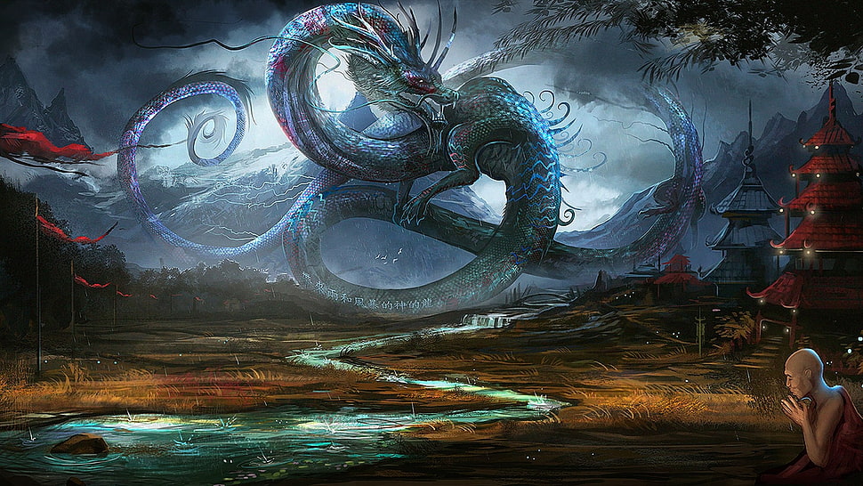 blue dragon illustration digital wallpaper, fantasy art, dragon HD wallpaper