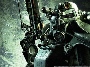person wearing mask with rifle game character wallpaper, Fallout 3, power armor, Fallout, machine gun