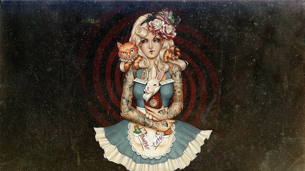 female animation character in blue dress, artwork, Alice in Wonderland, tattoo HD wallpaper