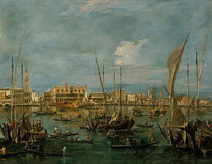 painting of sailboats near building