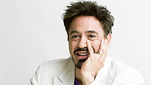 men's white top, actor, portrait, white, Robert Downey Jr. HD wallpaper