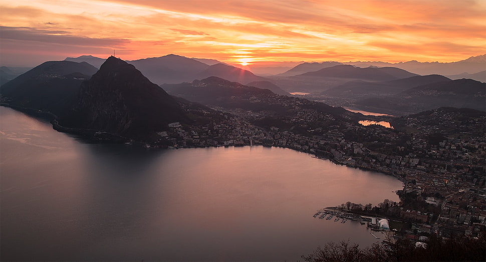 high angle view of island, mountains HD wallpaper
