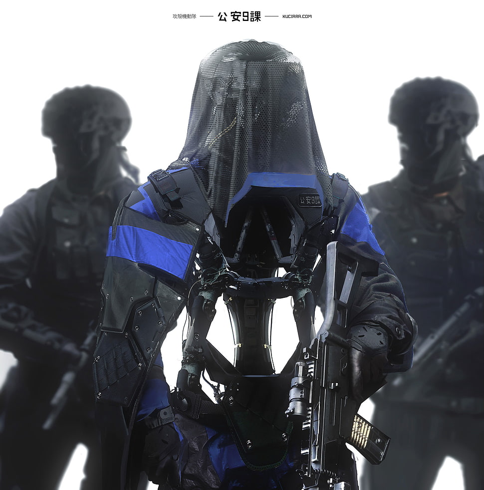 black robot illustration, digital art, soldier, weapon, futuristic HD wallpaper