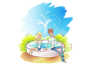 man and woman holding hands while sitting on water fountain cartoon illustration HD wallpaper
