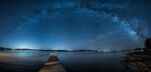 brown wooden boat dock with blue sky at night time, tahoe city HD wallpaper
