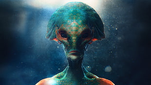 green and orange alien character digital wallpaper