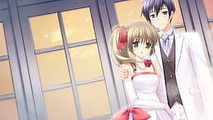 anime couple standing near door HD wallpaper