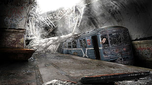 gray and white train, apocalyptic, destruction, abandoned