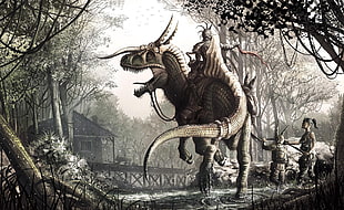gray illustration of warrior on dinosaur