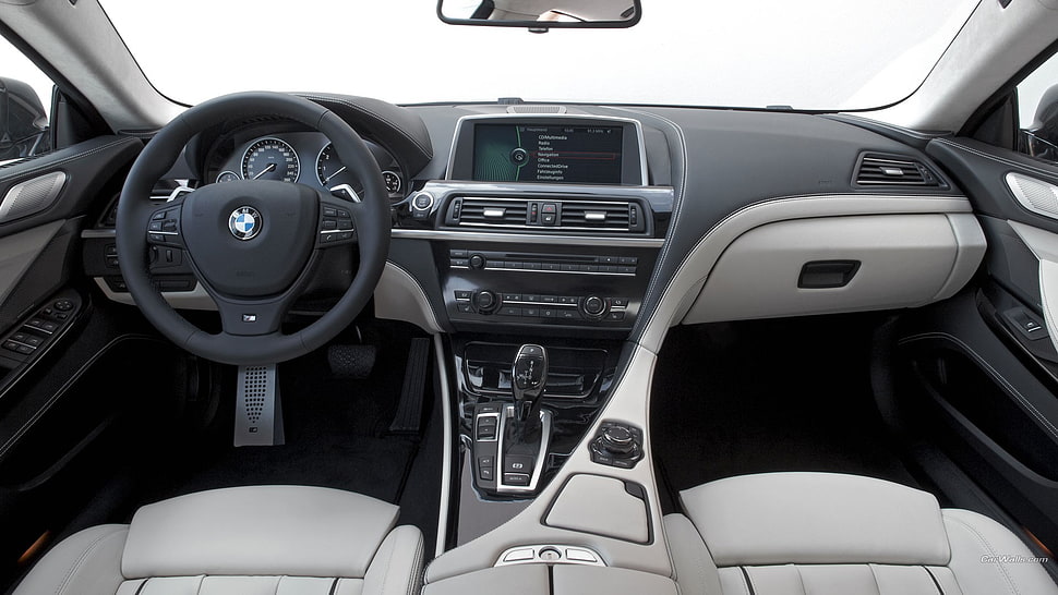 black BMW steering wheel and gear shifter, BMW 6, BMW, car, car interior HD wallpaper