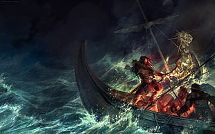 sailing boat on water artwork, fantasy art, Vikings HD wallpaper