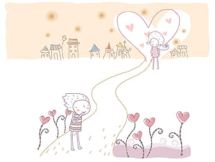woman looking at man with heart illustration